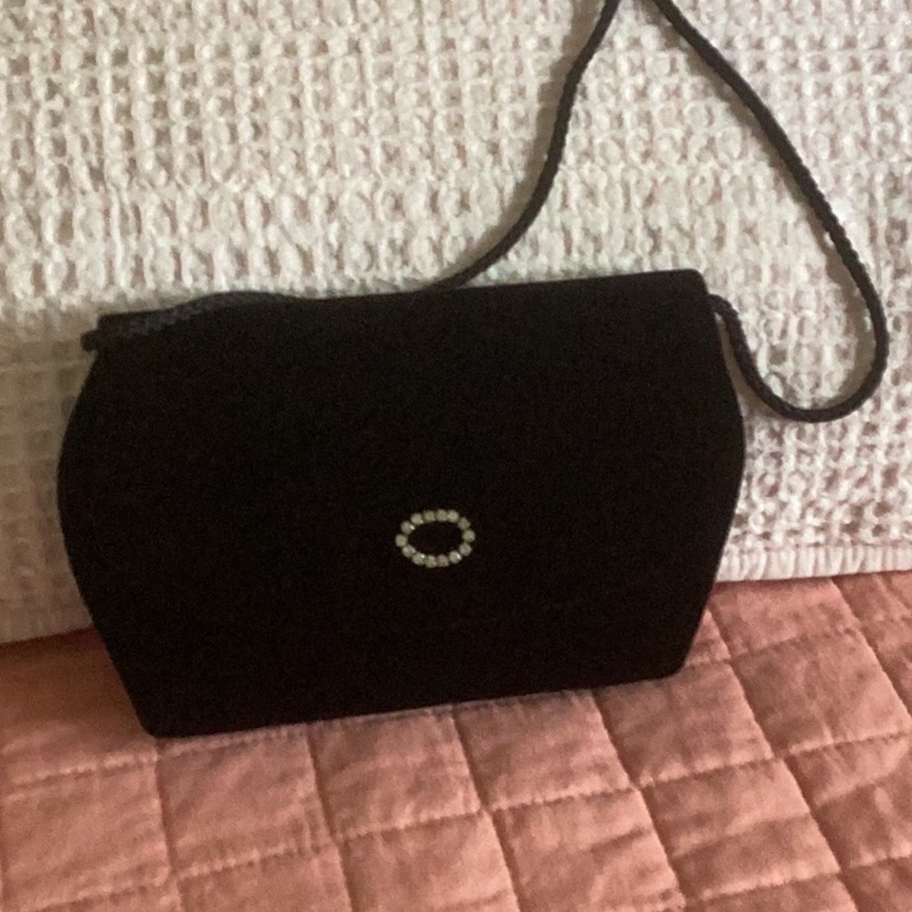 Little black velvet shoulder bag with rhinestone embellishment, vintage.